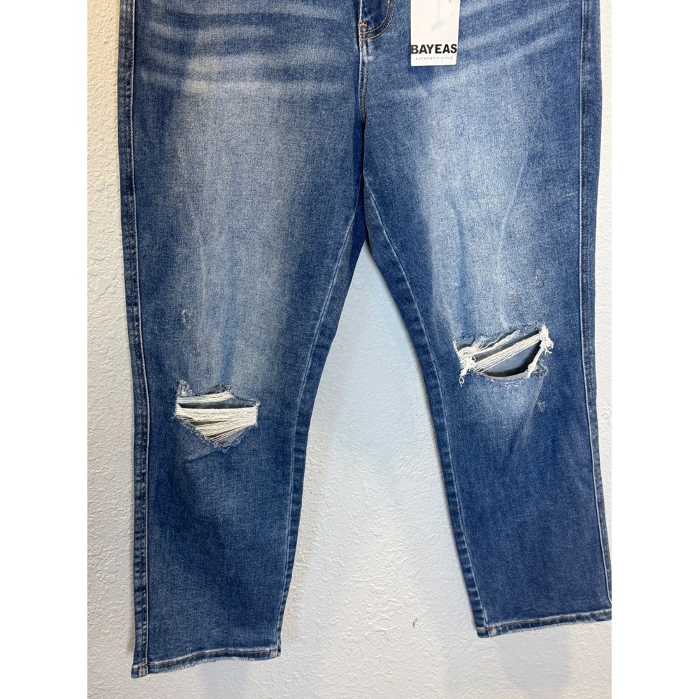 Bayeas Womens 14W High Rise Cropped Straight Distressed Jeans Blue Stretch - Picture 3 of 11